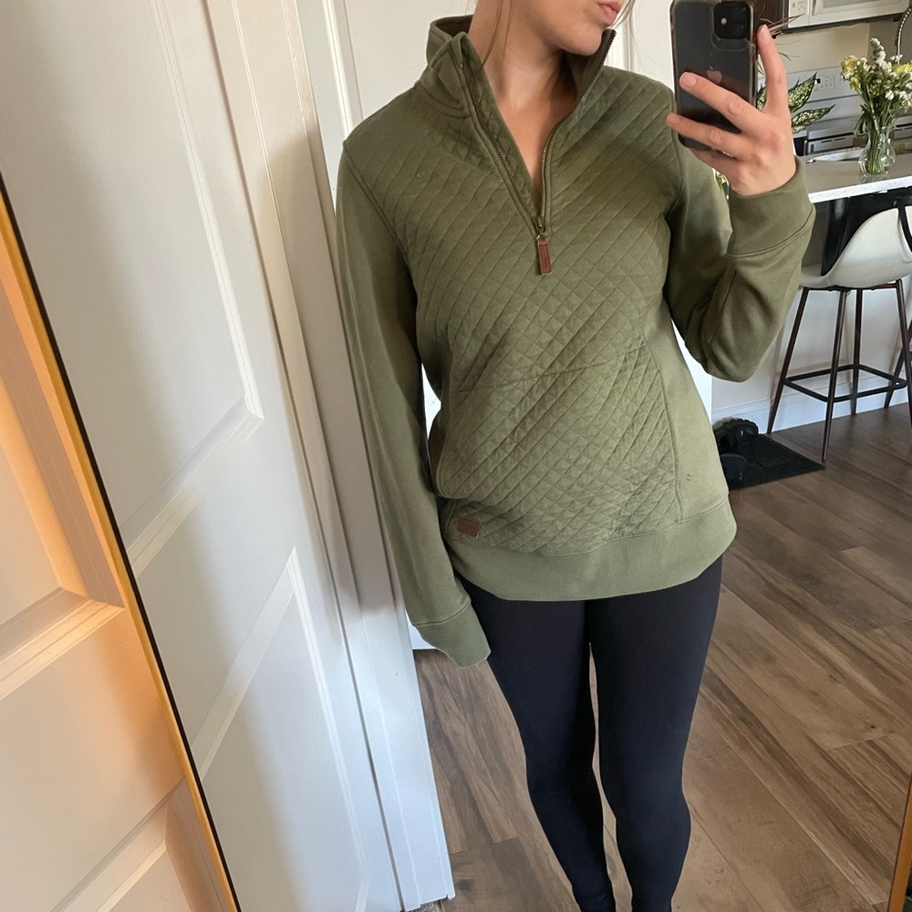 LL Bean Quilted Green Quarter Zip with Brown Leather Accents- Size M